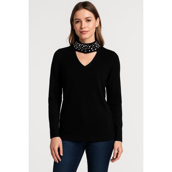 Belle by Kim Gravel Black Pearl Beaded Choker Cutout Sweater Women’s Size Small - Picture 1 of 7